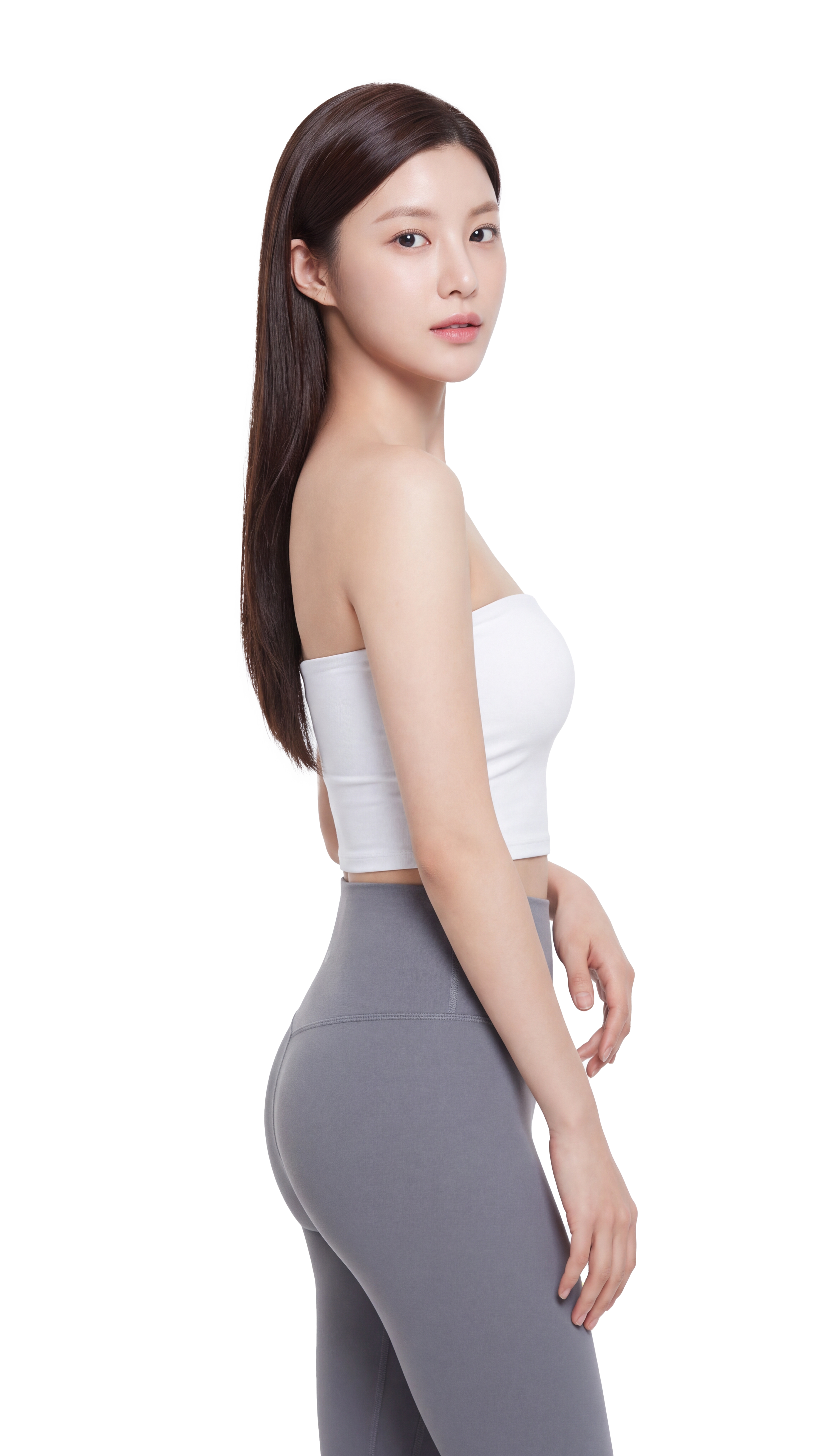 화이트 튜브탑과 회색 레깅스를 입은 젠컷 AI 생성 성인 모델